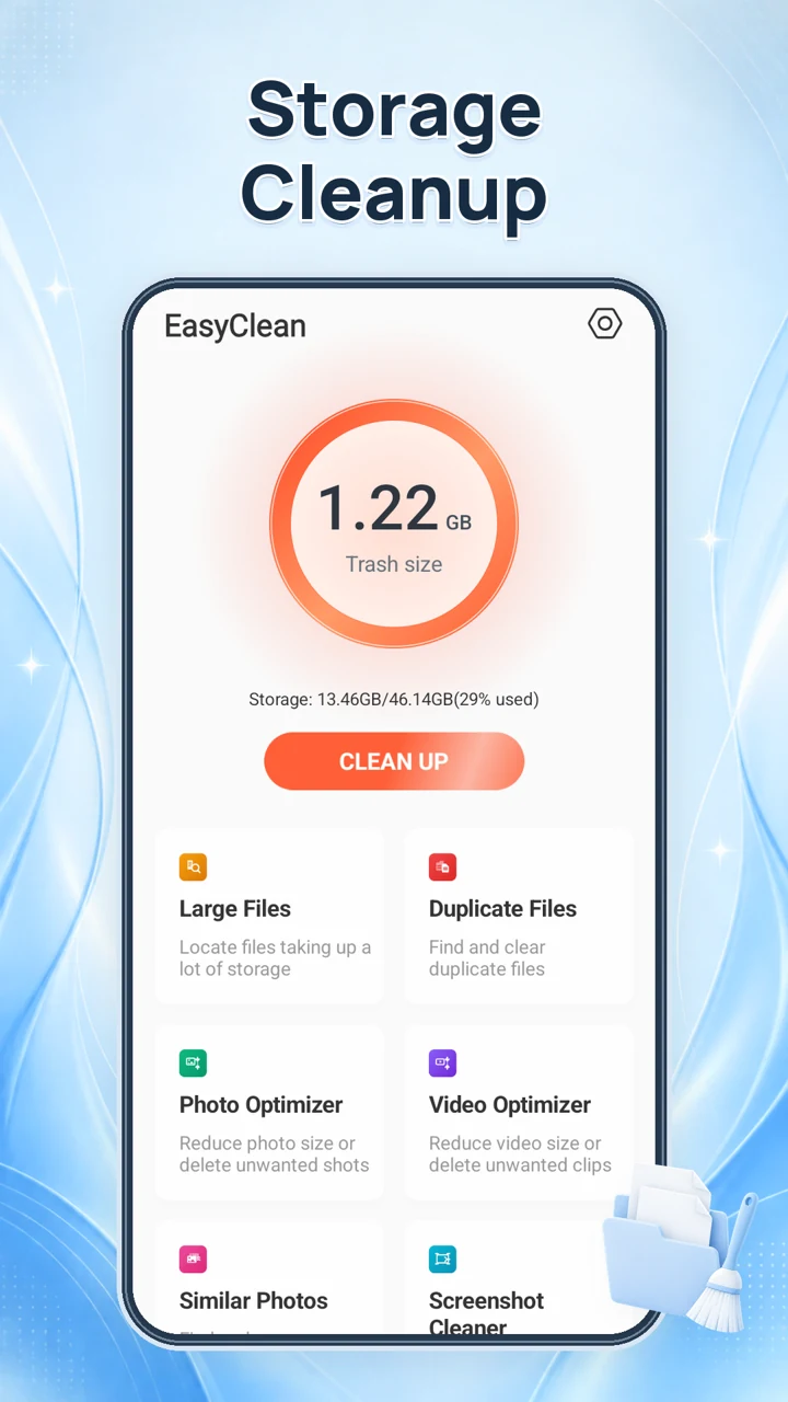 EasyClean app preview showing storage overview and cleanup tools